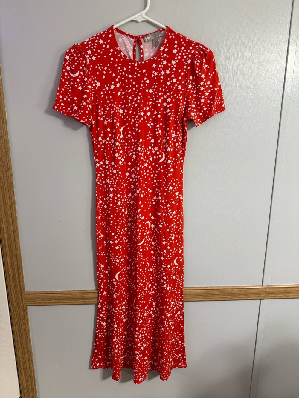 ASOS Red Orange Midi Dress with White Star & Moon Print Size 2